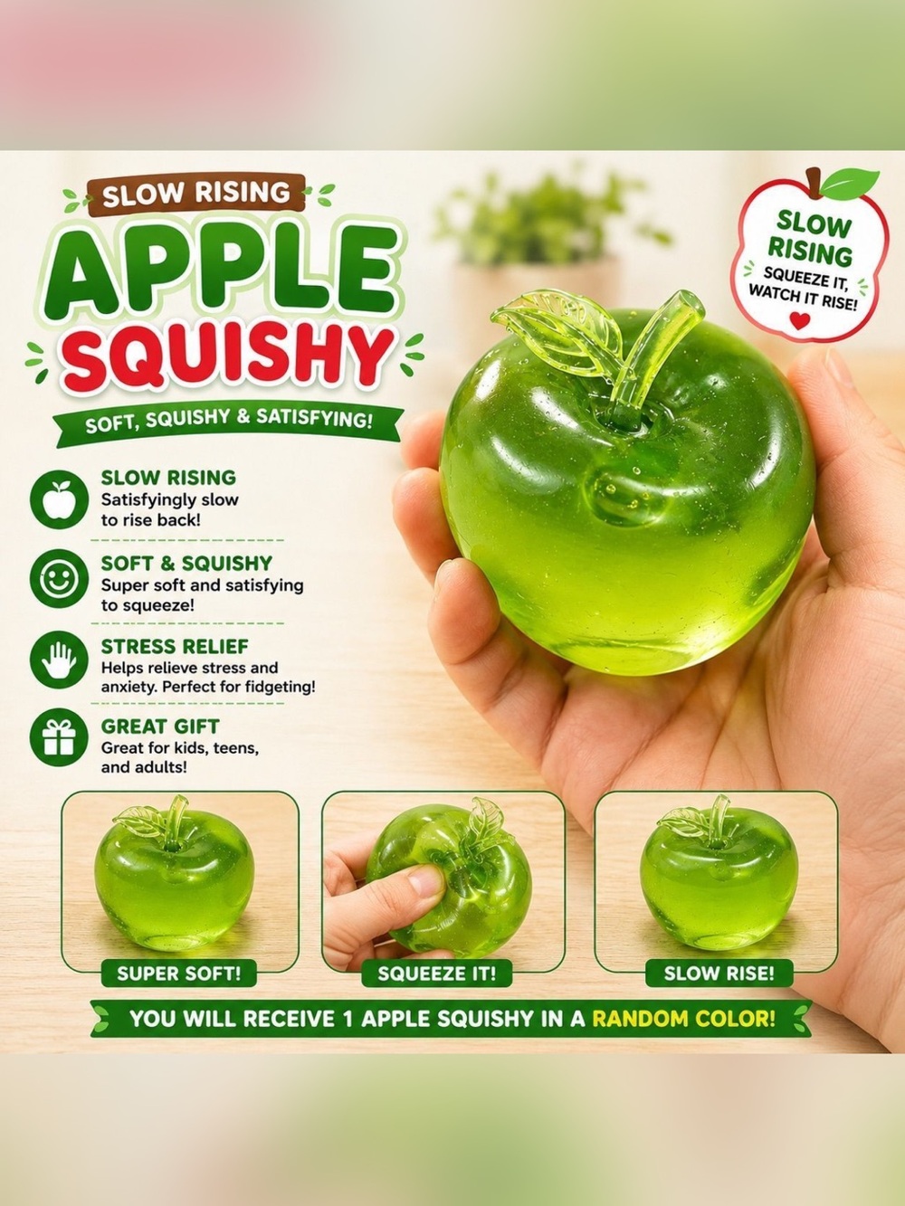 Apple Squishy Stress Toy - Green Slow Rising Fidget
